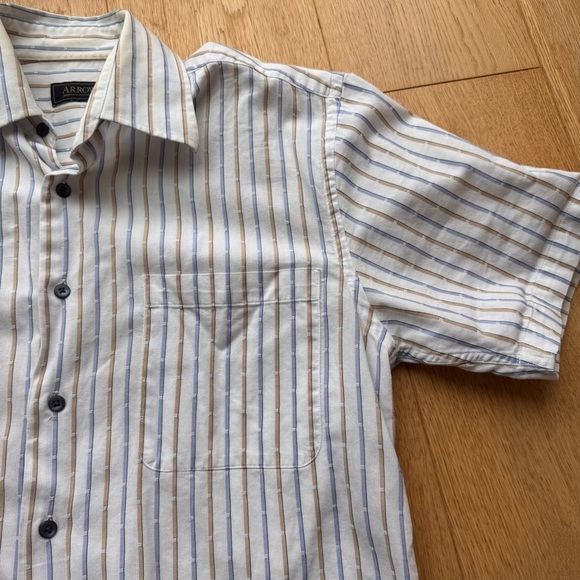 ARROW Striped SHORT SLEEVE BUTTON DOWN SHIRT - Blue - White - Tan - Picture 8 of 12